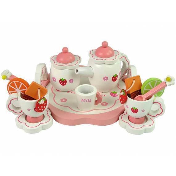 Wooden Tea Set Pink Flowers Pitcher Tray