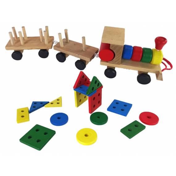 Wooden Train Locomotive. 2 Detachable Wagons