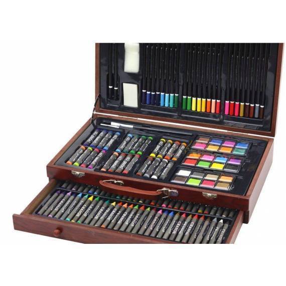 Art Set In Wooden Suitcase Crayons Pastels Paints