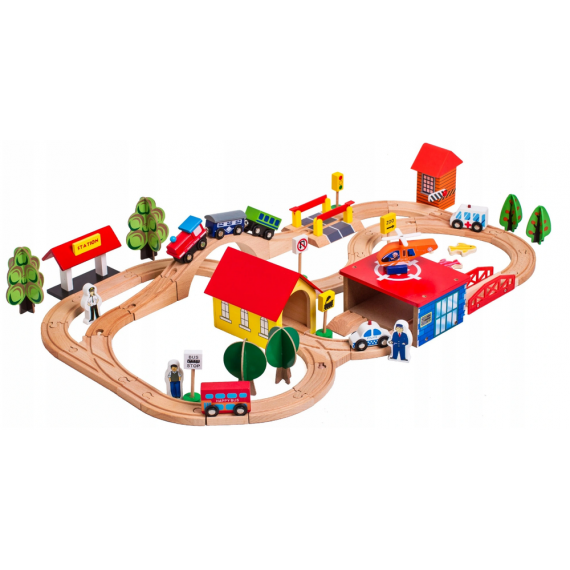 Wooden Train Track Cars Trees Buildings