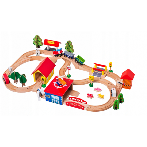 Wooden Train Track Cars Trees Buildings