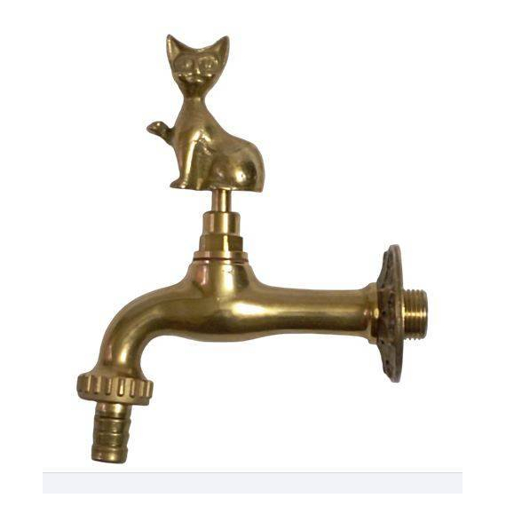 Cat Themed Garden Tap with bibcock and rosette - polished brass