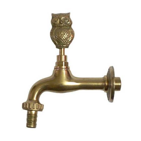 Owl Themed Garden Tap with bibcock and rosette - polished brass